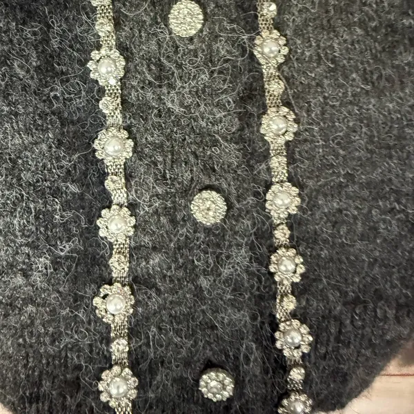 Maeve Dark Gray Crewneck Cardigan with Silver Sequin Trim - Image 5