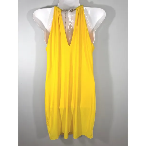 Kensie Yellow Halter‎ Dress Gold Chain Neckline Draped Layered Mini Size 2 - Image 4