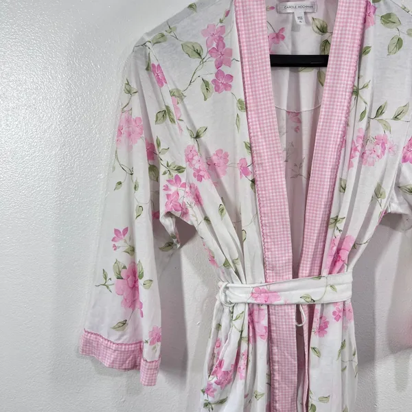 Pink Floral‎ Bath Robe Womens XL Cotton Blend Kimono Style Lightweight Belted - Image 9