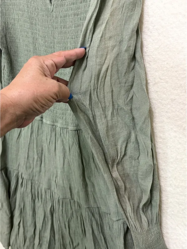 Women’s Sage Green Smocked Tiered Mini Dress Long Sleeve Size Small - Image 6
