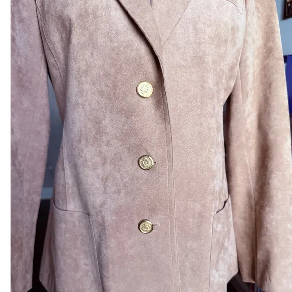 Abe‎ Schrader Vintage Tan Faux Suede Blazer Gold Crest Buttons ILGWU Size 10 - Image 5