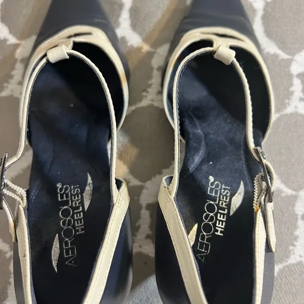 AEROSOLES Navy/Black and Cream Mary Jane Heels with Tapered Heel - Image 8