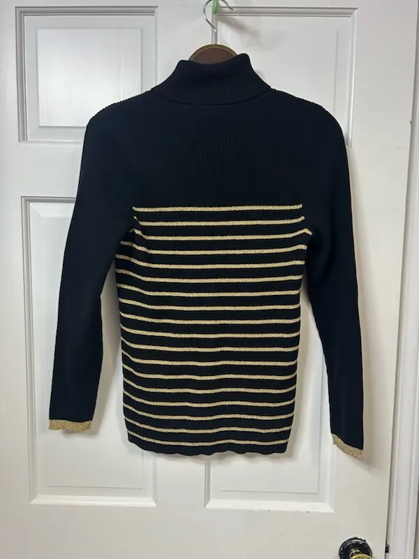 Lauren Ralph Lauren Black Turtleneck Sweater with Gold Stripes - Image 2