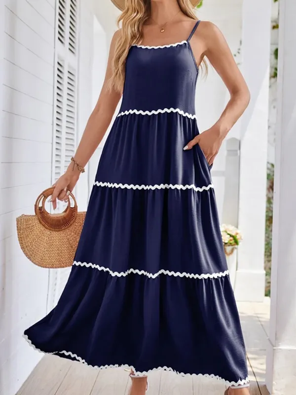 BTFBM Tiered Midi Dress Navy/ White Rick Rack Trim adjustable straps size Small - Image 13