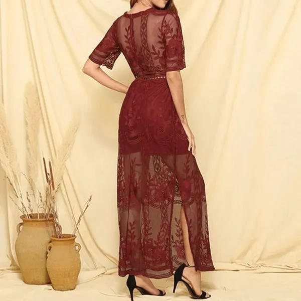 Maroon Dark Red Romper Boho V Neck Lace Maxi Dress Medium - Image 11