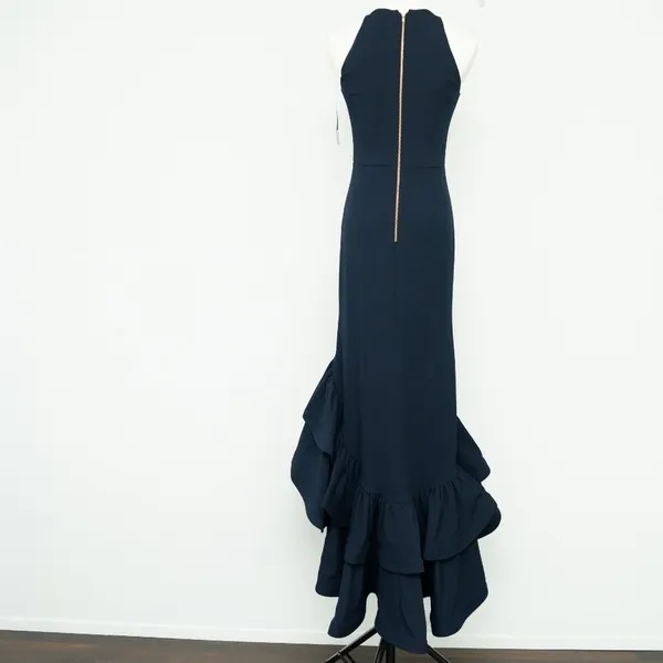 Betsy‎ & Adam Arielle Scuba Crepe Ruffle Slit Gown Navy Size 2 - Image 3