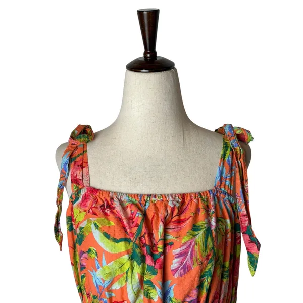 Lands' End Dress Women‎ Medium Orange Tropical Floral Smocked Tie Shoulder Midi - Image 4