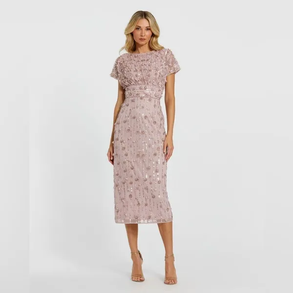 MAC DUGGAL 94117 Pink Cap Sleeve Column Midi Dress With Floral Beading - Image 3