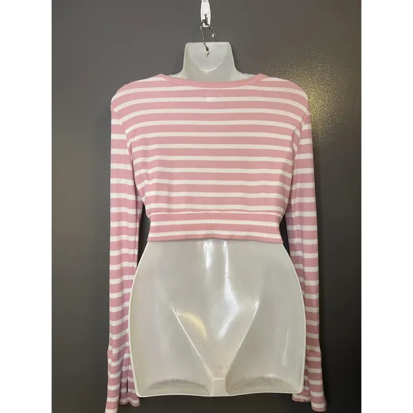 OFFLINE By Aerie Shirt Womens Medium Pink Stripe Henley Cropped Long Sleeve - Image 6