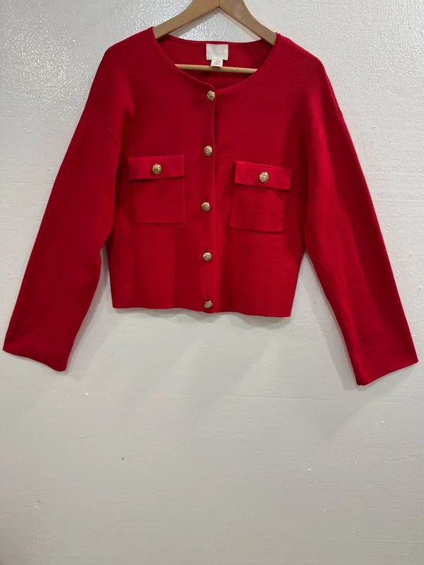 H&M Red Knit Cardigan Sweater Gold Button Front Women’s Size S Classic - Image 6