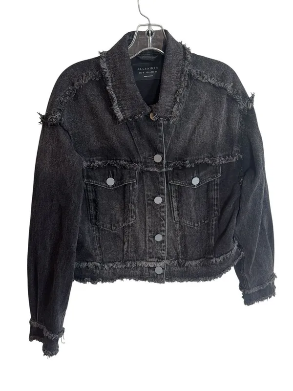 Allsaints Claude Relaxed Fit Frayed Denim Jacket in blackish grey 4 - Image 3