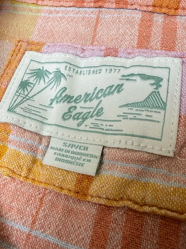 American Eagle Linen Blend Button Down Shirt Womens Small Orange Pink Plaid Boxy - Image 4