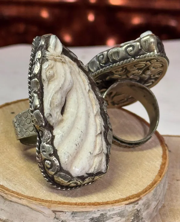 Elegant Horse Hand-carved Bone set in Tibetan Silver, Adjustable Sizing - Image 11