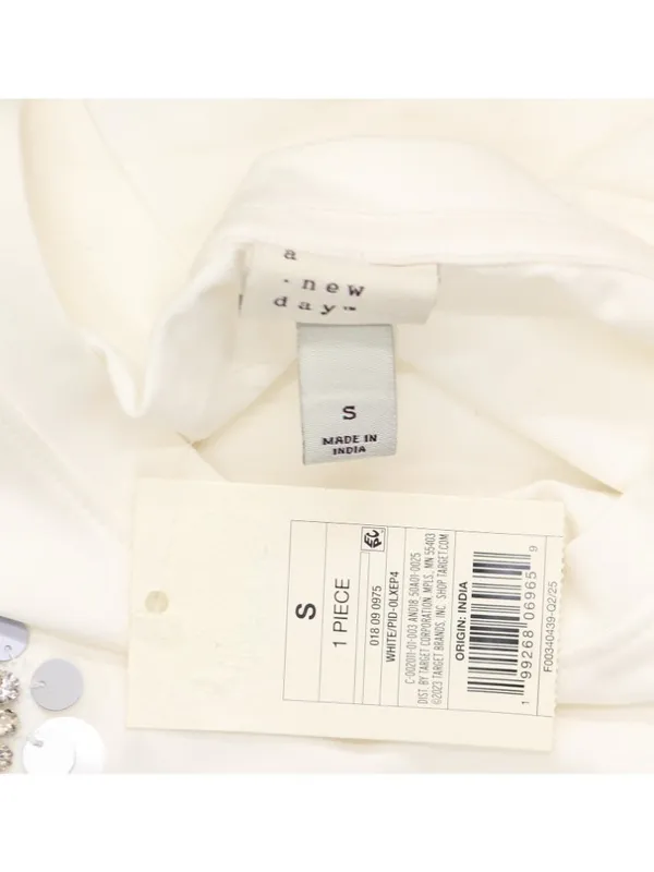 A New Day Embellished Rhinestone Sequin Short Sleeve Mini Shirt Dress White S - Image 3