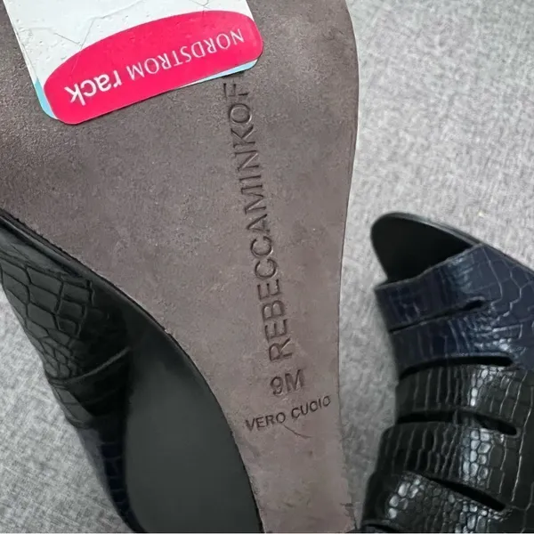 Rebecca Minkoff Sonny Embossed Peep Toe Wedge Booties Size 9 Navy Blue Black - Image 10