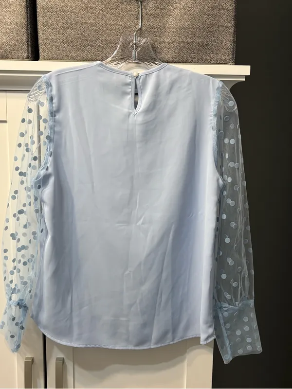 Women’s Light Blue Sheer Polka-Dot Sleeve Blouse Size S NWOT Chic Office Wedding - Image 3