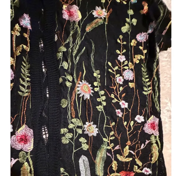 Mesh + Lace Black Floral Embroidered Pointelle Knit Kimono Cardigan Large S3281M - Image 15