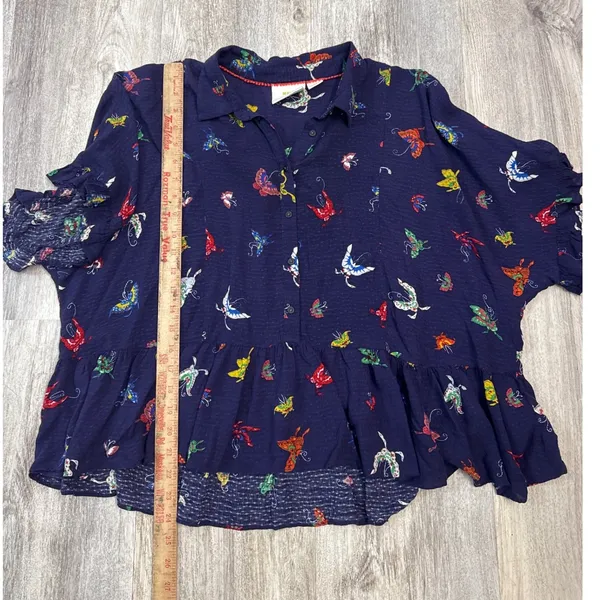 Maeve Anthropologie Navy Butterfly Print Peplum Button Down Top Large - Image 5