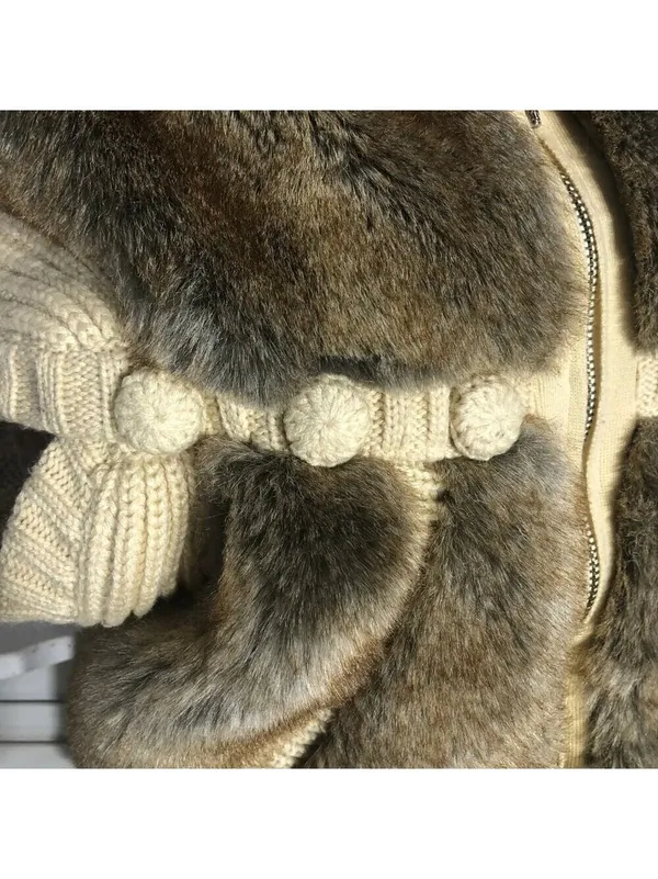 Vintage Faux Fur vest cable knit warm hooded ski resort travel cottage 70's boho - Image 5