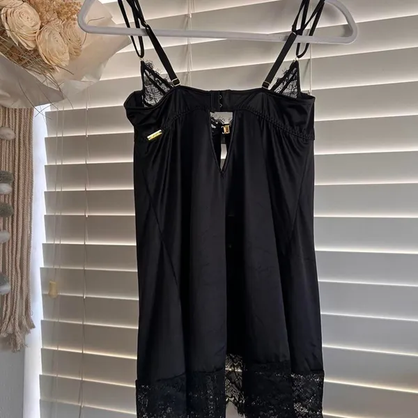 Frederick’s of Hollywood Black Satin Lace Babydoll Slip Lingerie Y2K Size Medium - Image 2