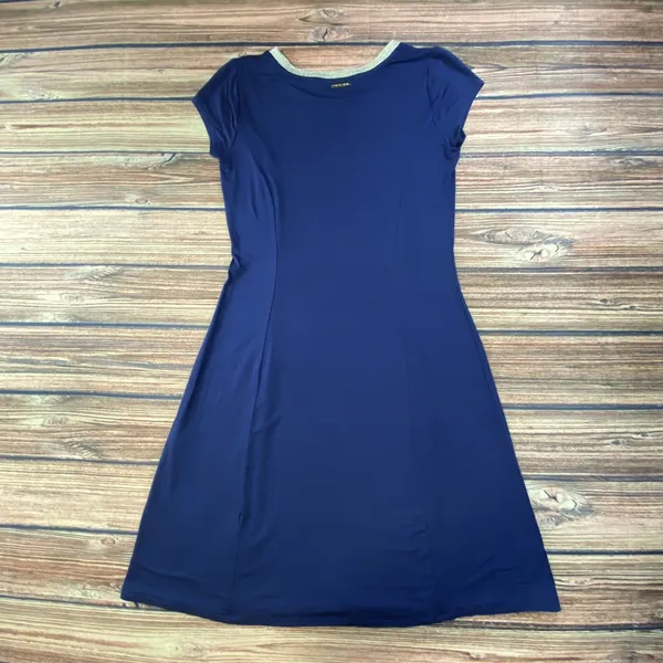 Michael Kors Navy Blue Flared Dress Size Small Short Sleeve Gold Trim - Image 4