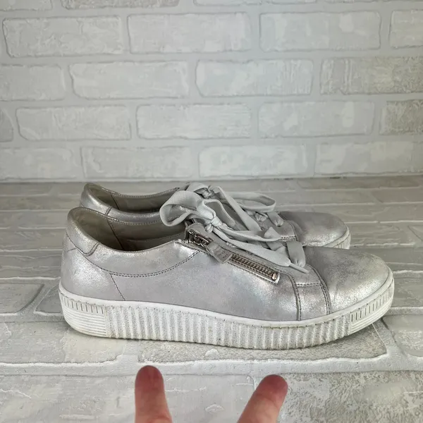 Gabor Platform Sneakers Womens 8 Silver Leather Metallic Lace Up Zip Comfort - Image 11