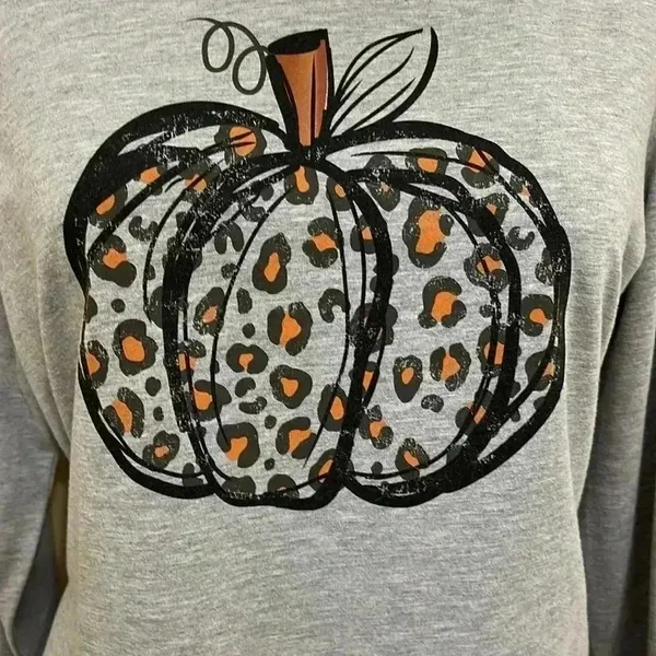 Leopard Print Fall Pumpkin Shirt Size XL Gray - Image 3