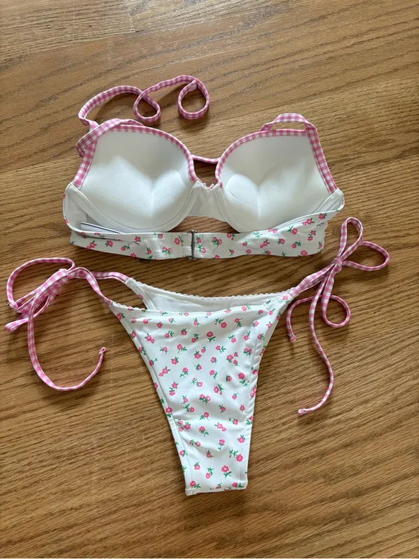 Frankie's Bikinis White Bikini with Pink Floral Print - Image 3