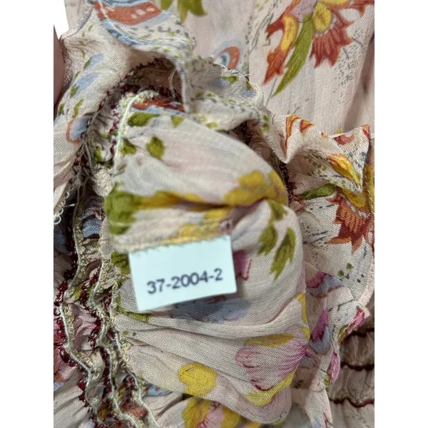 Vintage Revue Boho Floral Smocked Peasant‎ Blouse Pink Rayon Ruffle Hem XL - Image 4