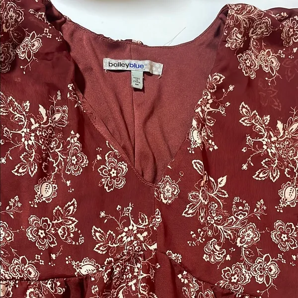 Bailey Blue Womens Burgundy Floral Print V‎ Neck Babydoll Dress Ruffle Sleeve M - Image 4