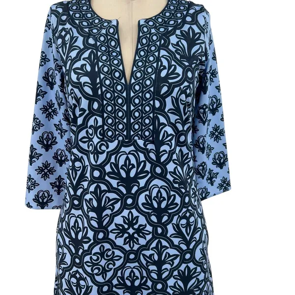 Gretchen Scott Split Neck Dress Mosaic‎ Tile Print Blue Size XS - Image 4