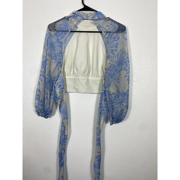 Amanda Uprichard Sheer Floral Cropped Tie Blouse Open Back Mock Neck Blue S - Image 9