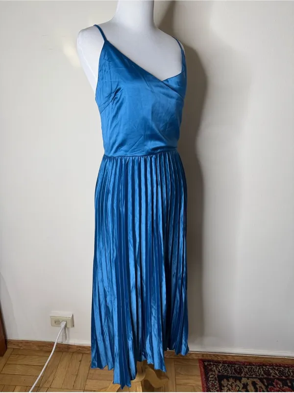 Halara Blue Silky Satin Wrap Front Pleated Skirt Midi Dress NWOT XS - Image 3