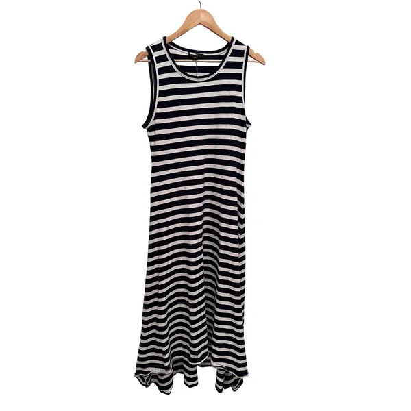 J.Crew Navy Blue White Striped High Low‎ Maxi Dress Size Small Cotton Nautical - Image 2