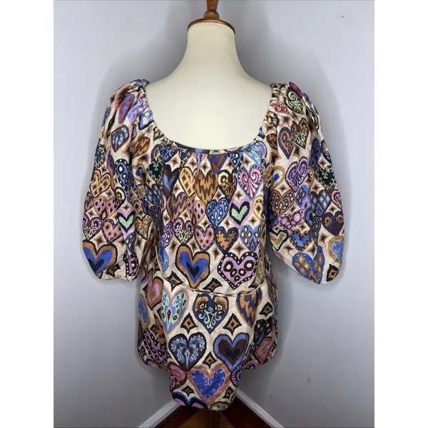 NEW FARM RIO Cream Hearts Ikat Puff Sleeve Dress Sz Small‎ - Image 4