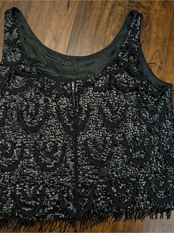 VTG Sequin Tank Top Sz S/M beaded paillettes embellished black Flapper - Image 4