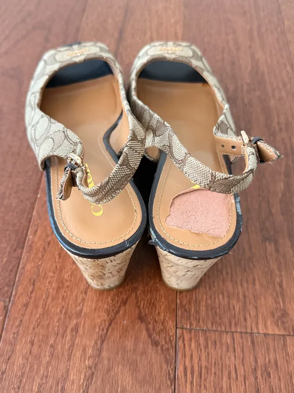 Coach Tan Signature Canvas Peep-Toe Slingback Heels with Black Toe - Image 9