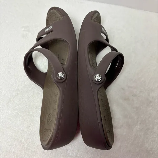Crocs Brown Criss Cross Rubber Slide On Wedge‎ Sandals Size 9 Women's - Image 6