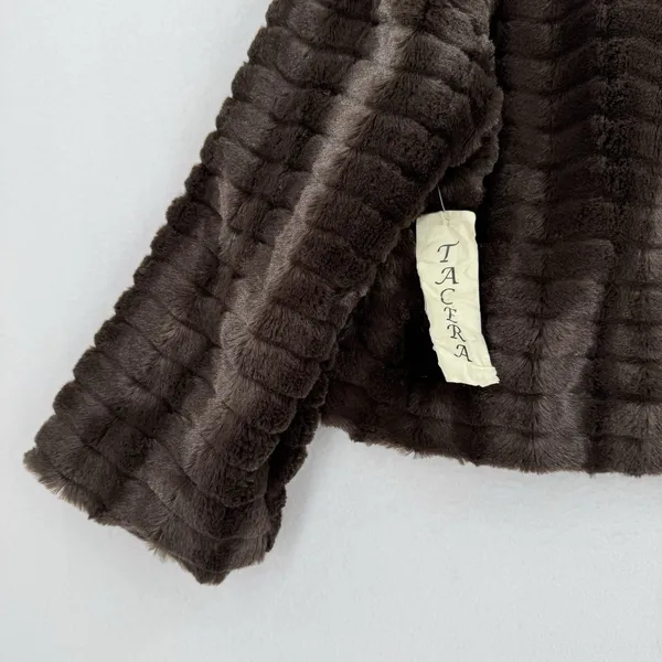 Tacera Faux Fur Jacket Women XL Brown Cropped Rhinestone Button Lined Glam - Image 5