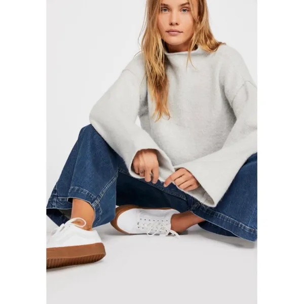 Free People Lost in A Forest Sweater Heather Light Gray Cropped Mock Neck XS - Image 2