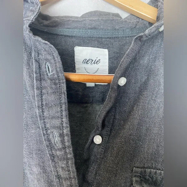 Aerie Dark Gray Minimalist Academia Button-Down Denim cotton school Shirt S/P - Image 2