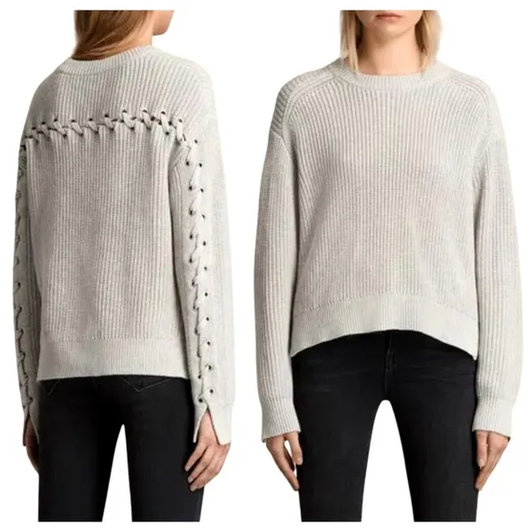 AllSaints Sweater Women XS Tan Crew Neck Cotton‎ Knit Aria Laced Short Jumper - Image 2