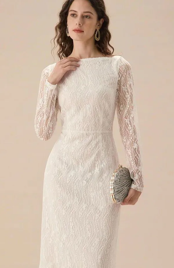 RIHOAS White Lace Boat Neck Slit Midi Dress L 74 - Image 3