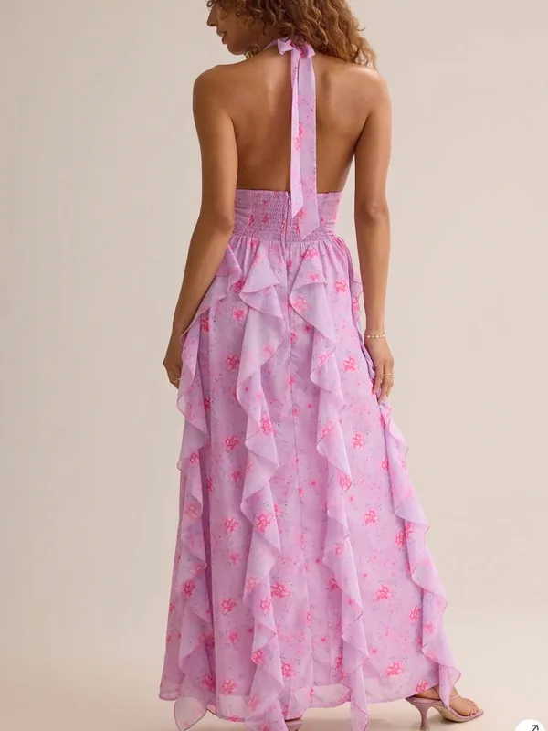 Altar'd State Lavender Pink Floral Halter Maxi Dress - Image 2