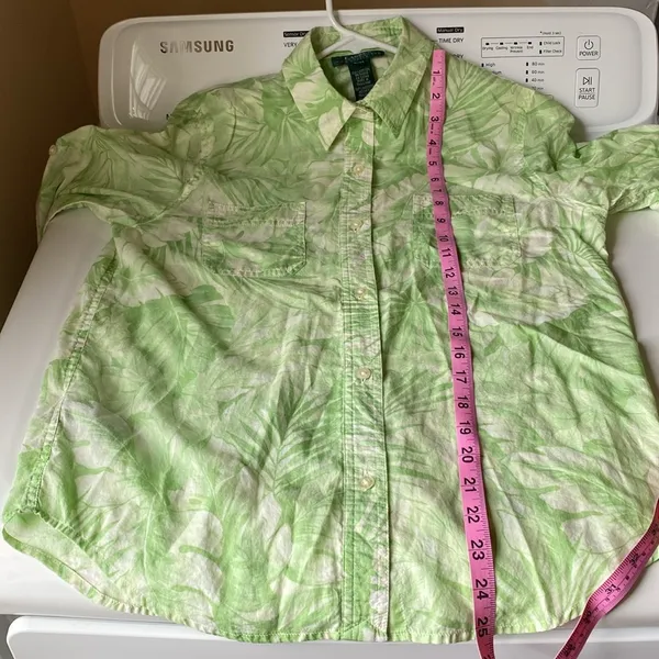 Ralph Lauren Petite Medium 100% cotton green & white long sleeve roll tab blouse - Image 8