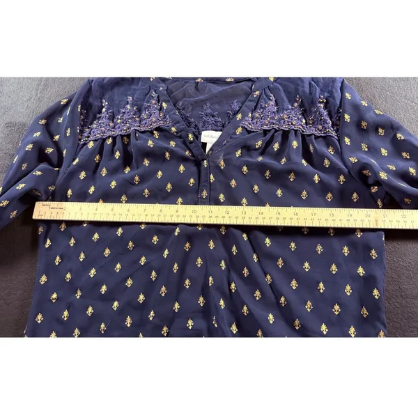 Soft Surroundings Navy Blue Gold Medallion Print Sheer Beaded Neckline‎ Tunic M - Image 4