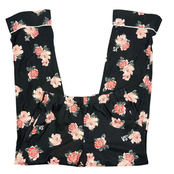 Victoria's Secret Pajama Pants Womens Medium Black Floral Rose VS Lounge Cotton - Image 4