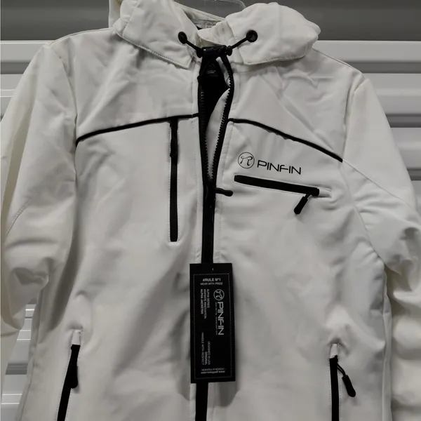 PinFin Womens Hooded Windbreaker Jacket Sz Medium White Outdoor Hiking Rain Coat - Image 5