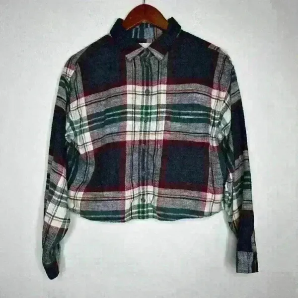 American Eagle Cropped button down flannel‎ shirt plaid Sz M Size M - Image 6