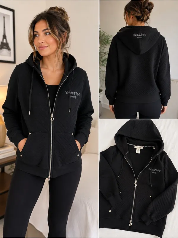 Vertigo Paris Women’s XL Black Quilted Gothic Zip Up Hoodie Jacket Embroidered - Image 2